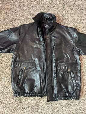M. Collection Men's Black Leather Patchwork Bomber Jacket Size XL
